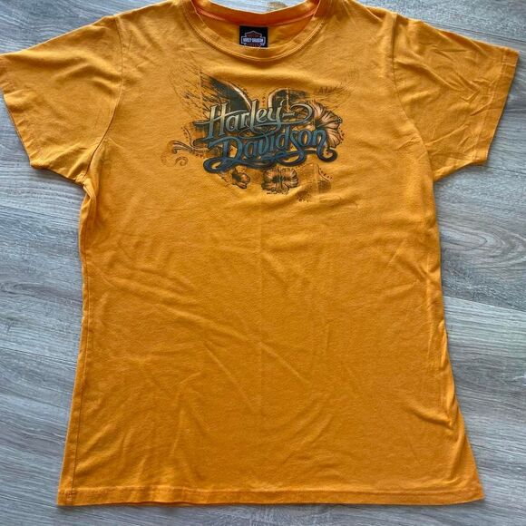 Harley Davidson Orange Bedazzled Tshirt Biker Motorcycle Kawaii Y2K Top Moto - Picture 1 of 8
